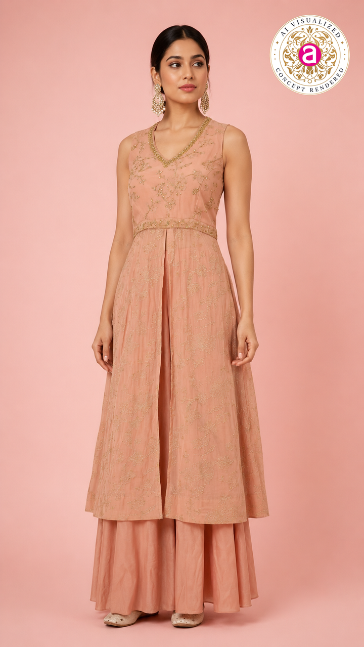 Peach Handwork Anarkali Kurta with Palazzo Set