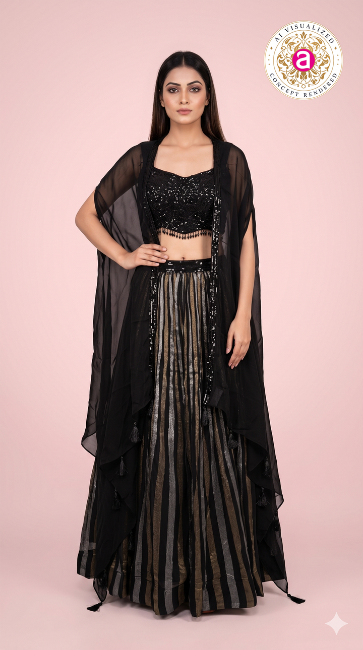 Black Striped Palazzo Set with Sequin Blouse & Cape