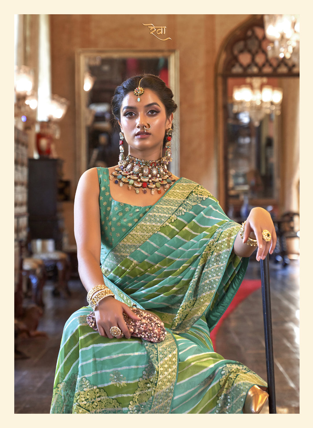 Emerald Green Leheriya Pattern Georgette Designer Saree