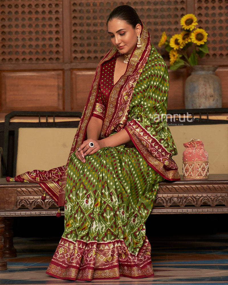 Olive Green with Red Pallu Saree and Unstitched Blouse