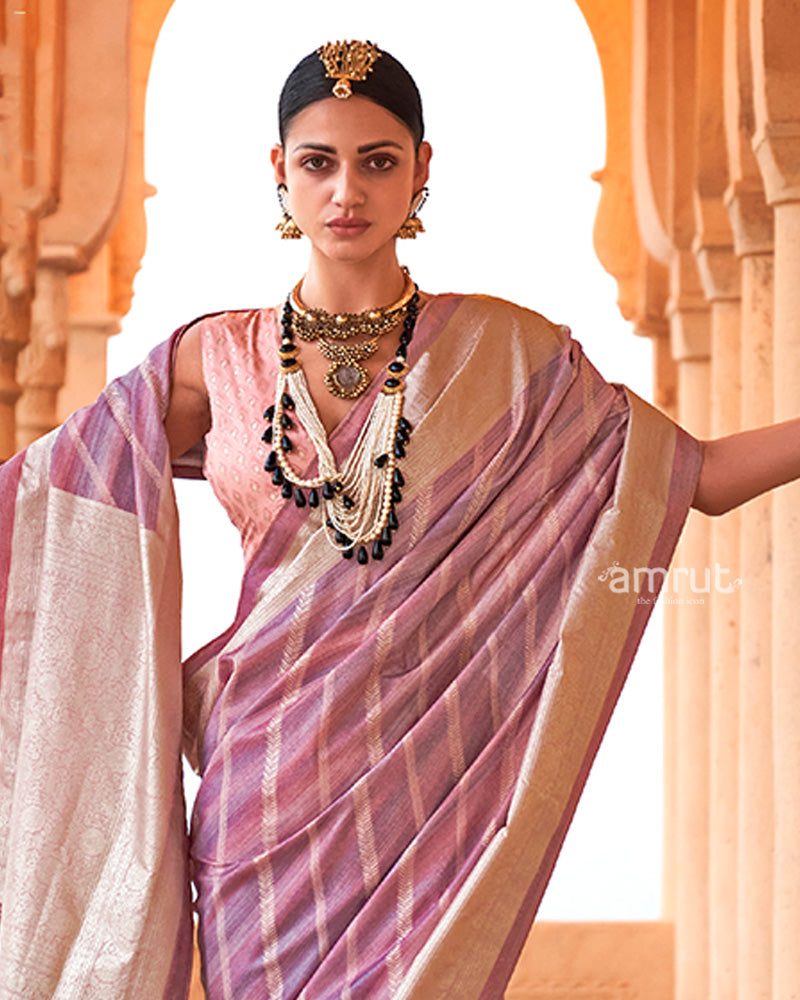 Lavender-Pink Striped Pattern and Golden Border Silk Saree with Unstitched Blouse