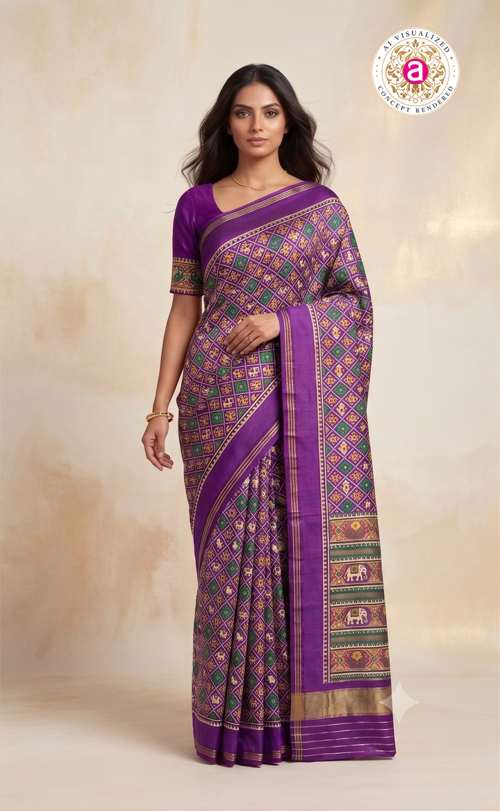 Patola Weaving Silk Saree with Traditional Ikat Diamond Weave & Rich Zari Border