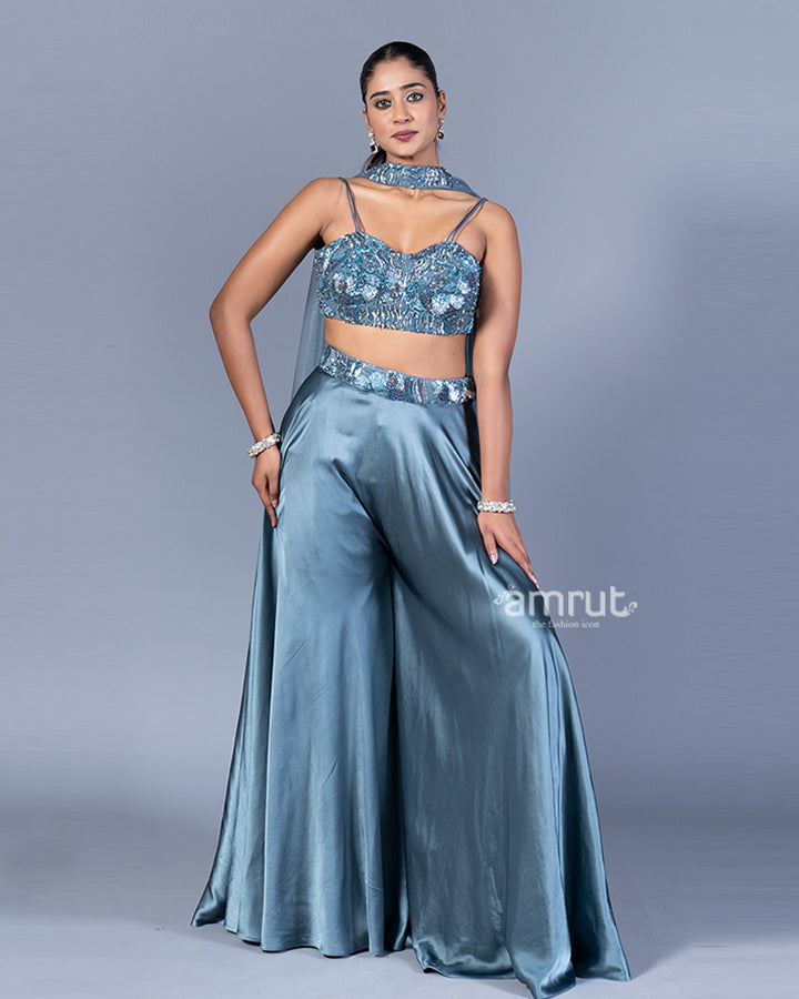 Teal Blue Beaded Crop Top with Wide-Legged Palazzo and Embellished Dupatta