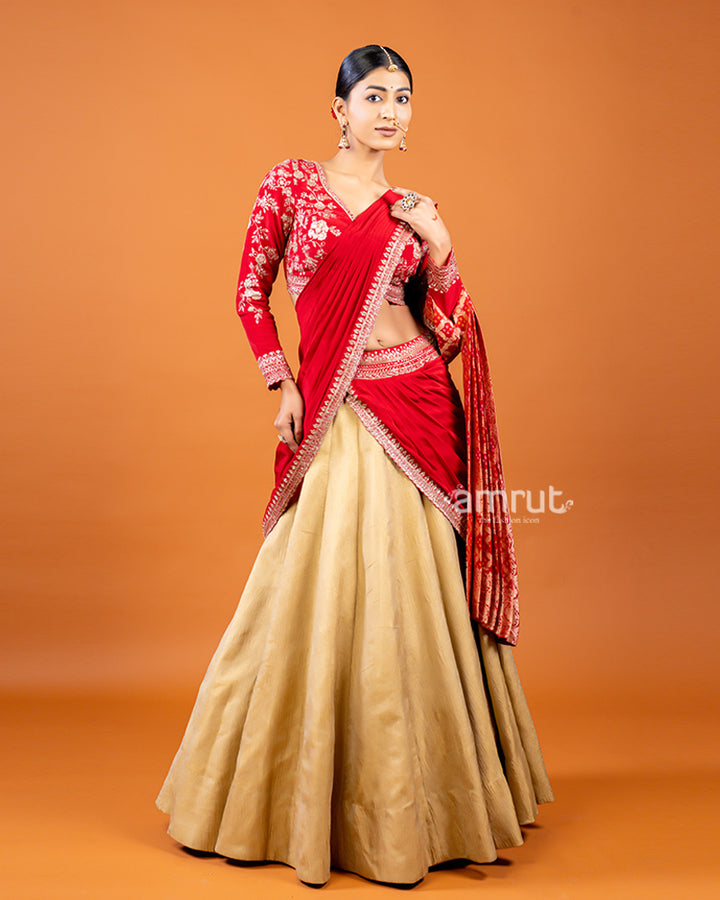 Golden Lehenga with Red Embellished Choli and Draped Dupatta