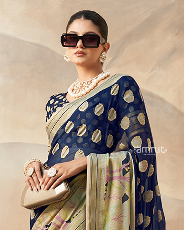 Navy Blue with Golden Polka Dots, Nature-Inspired Print Border Georgette Saree and Unstitched Blouse