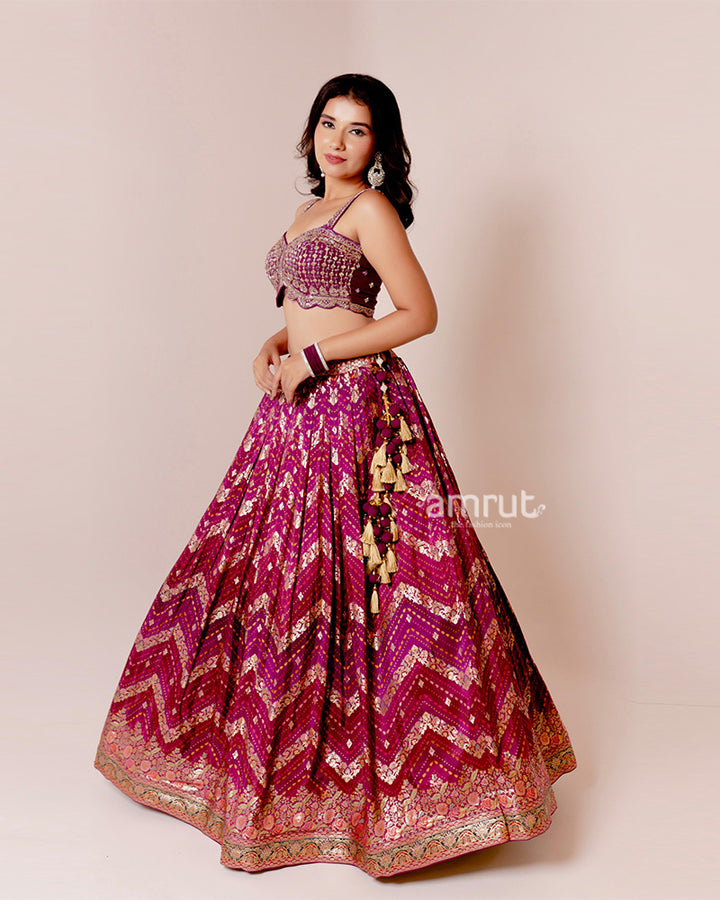 Maroon-Purple Pure Weaving Placement Print Embellished Lehenga Choli and Dupatta