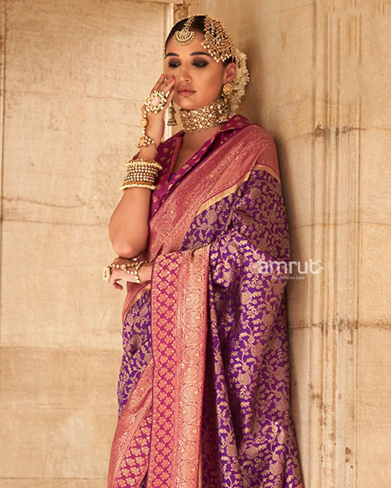 Purple Gold-Toned Ethnic Motifs Design Zari Silk Saree with Unstitched Blouse