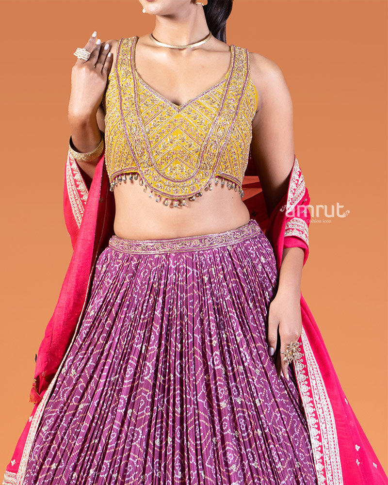 Purple Bandhani Lehenga with Yellow Choli and Pink Dupatta Set