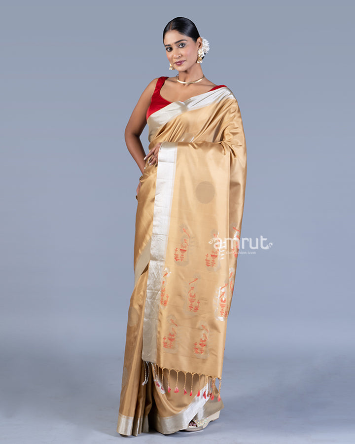 Golden-Beige with Silver Motifs and Red Accents Silk Saree with unstitched blouse