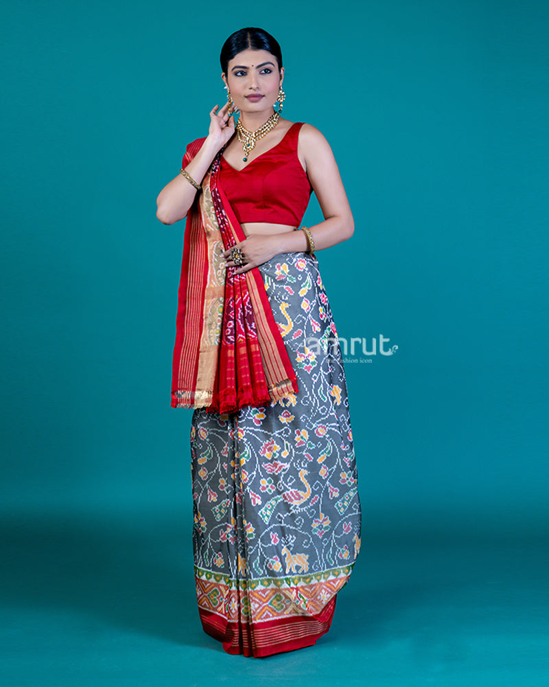 Grey Patola Silk Saree with Red Pallu, Printed Border, and Unstitched Blouse