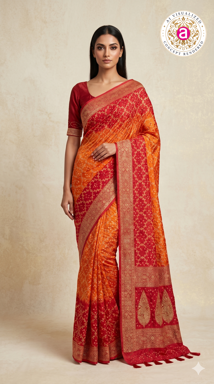 Sunrise Orange & Ruby Red Bandhani Silk Saree with Zari Border