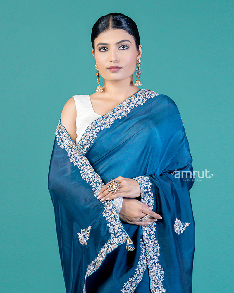 Blue Satin Chinon Saree with Embroidered Detailing and Unstitched Blouse