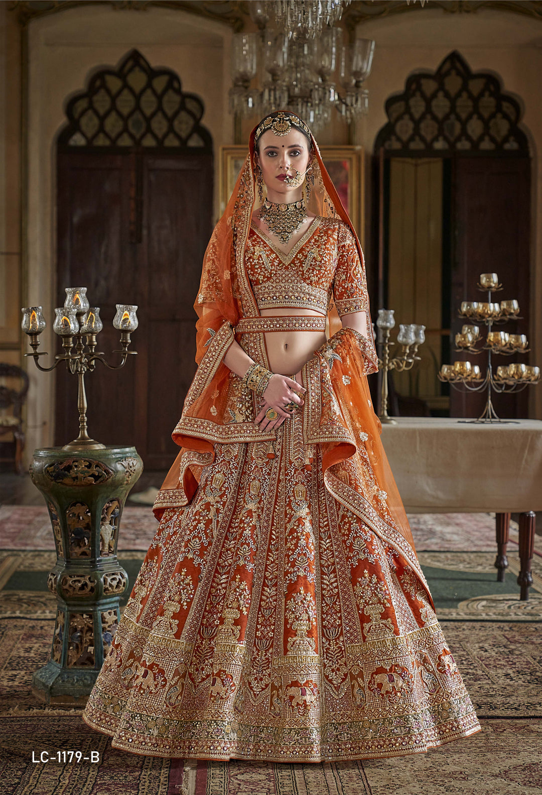 Burnt Saffron Handcrafted Bridal Lehenga with Zardozi & Elephant Motif Embroidery