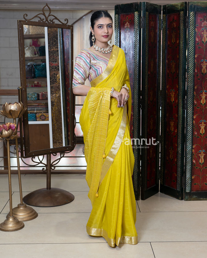 Yellow Zari Embellished Border Saree with Stitched Blouse