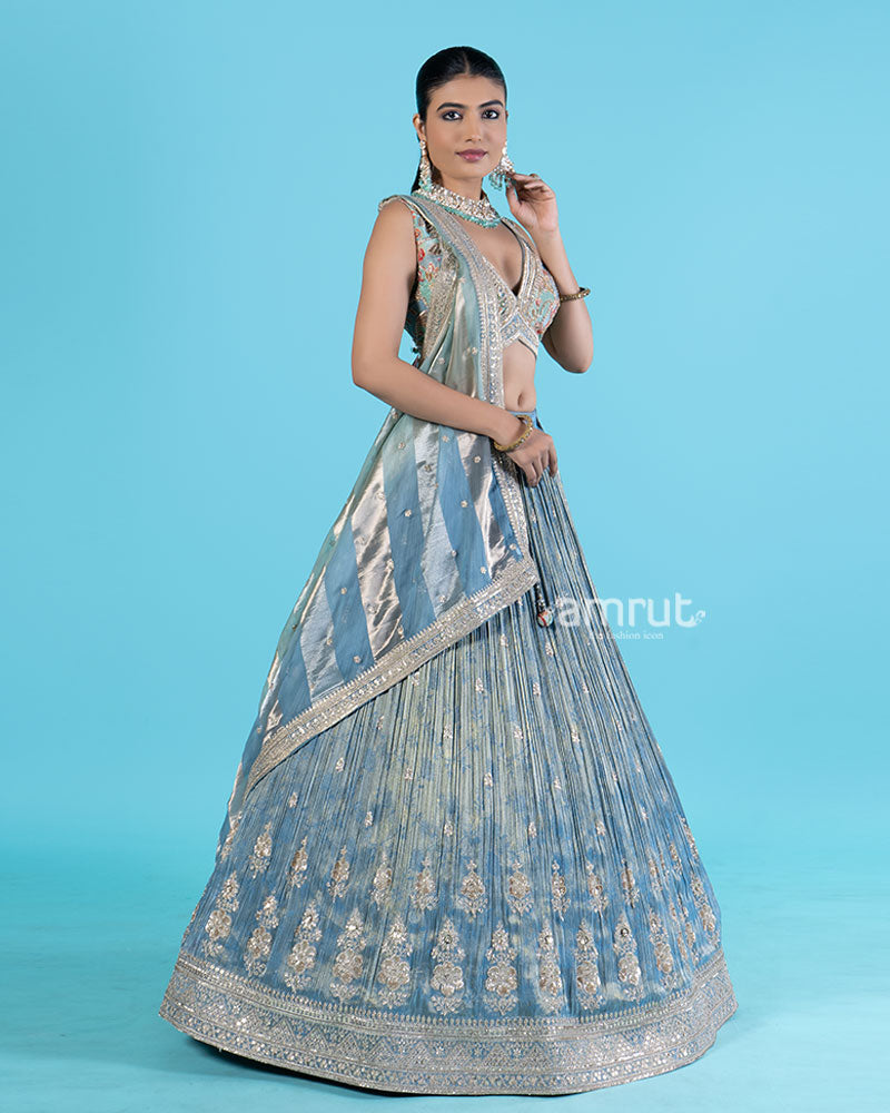 Light Blue-Gray Embroidered Lehenga Choli with Dupatta