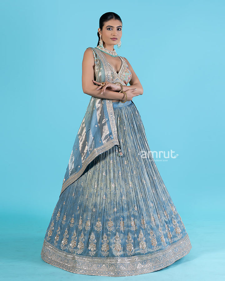 Light Blue-Gray Embroidered Lehenga Choli with Dupatta