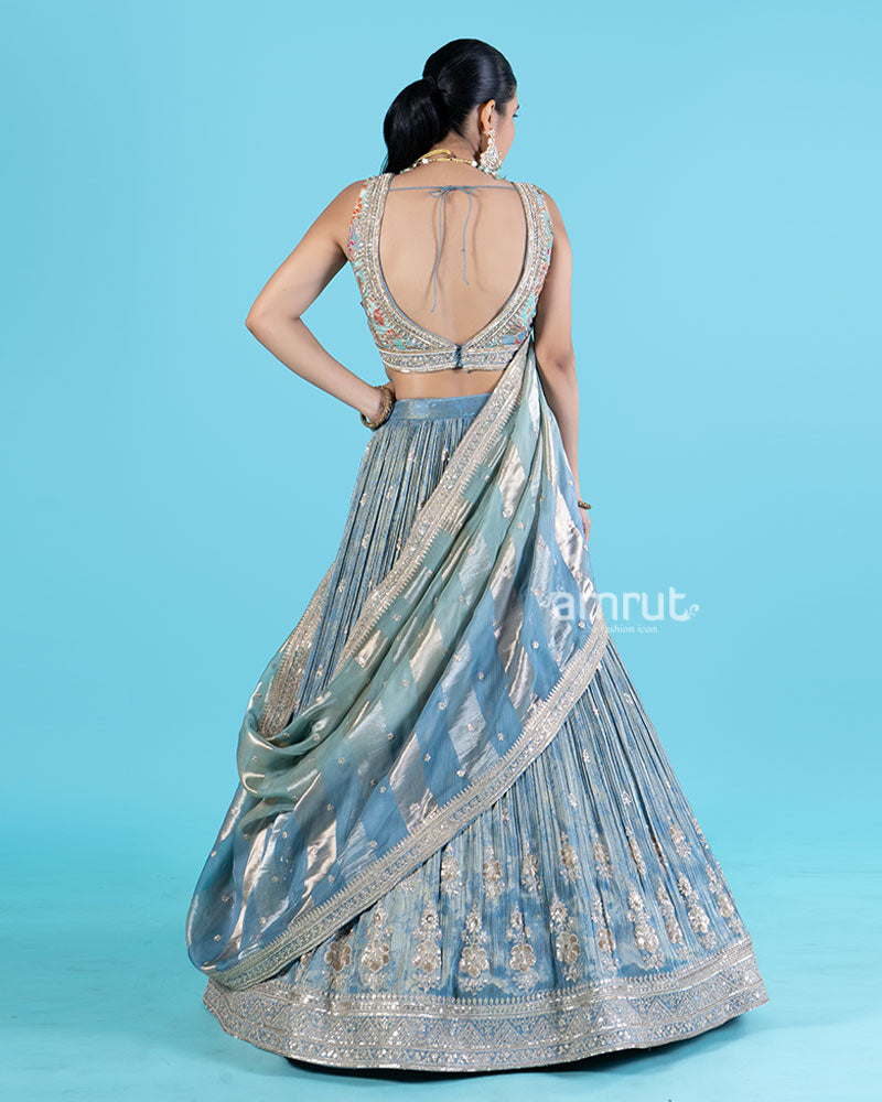 Light Blue-Gray Embroidered Lehenga Choli with Dupatta