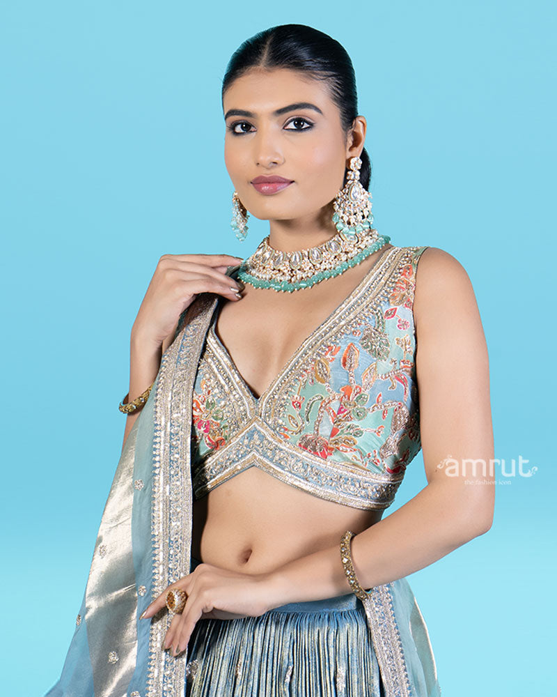 Light Blue-Gray Embroidered Lehenga Choli with Dupatta