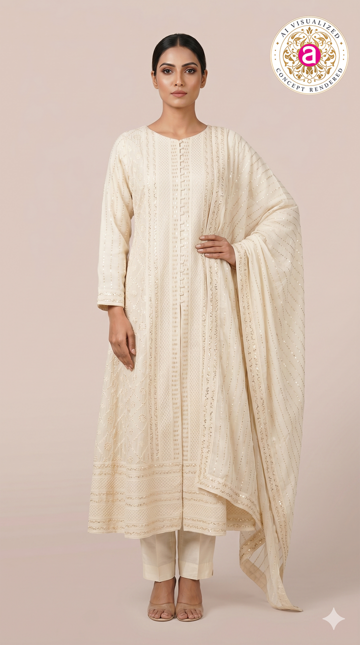 Ivory White Embroidered Straight Kurta Set with Dupatta