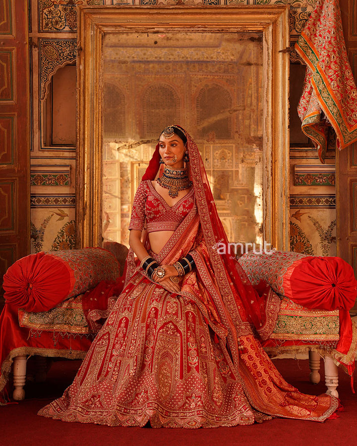 Red Sequins Embroidered Embellished Bridal Lehenga Choli and Net Dupatta