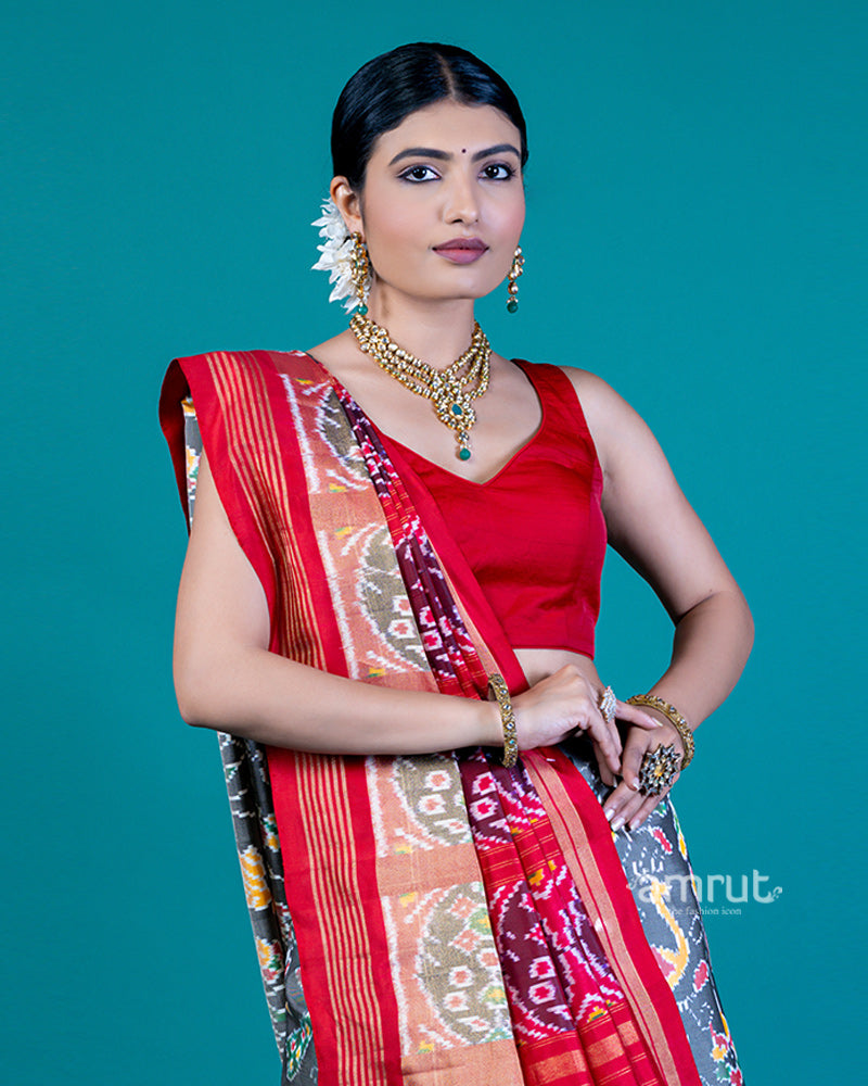 Grey Patola Silk Saree with Red Pallu, Printed Border, and Unstitched Blouse