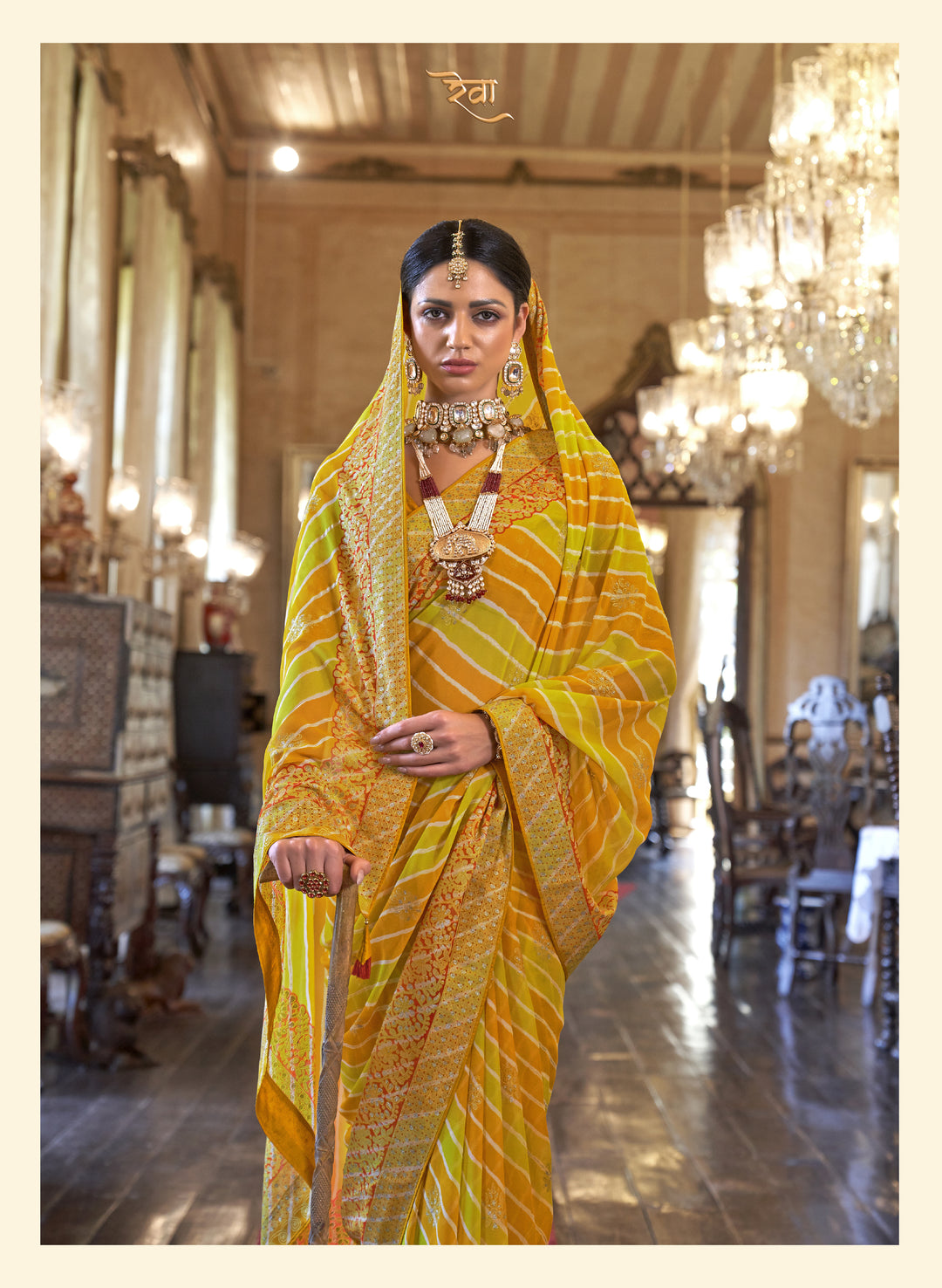 Mustard Yellow Leheriya Pattern Georgette Designer Saree