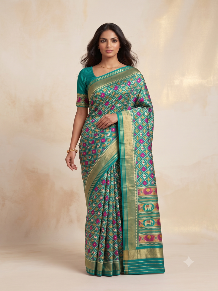 Patola Weaving Silk Saree with Traditional Ikat Diamond Weave & Rich Zari Border