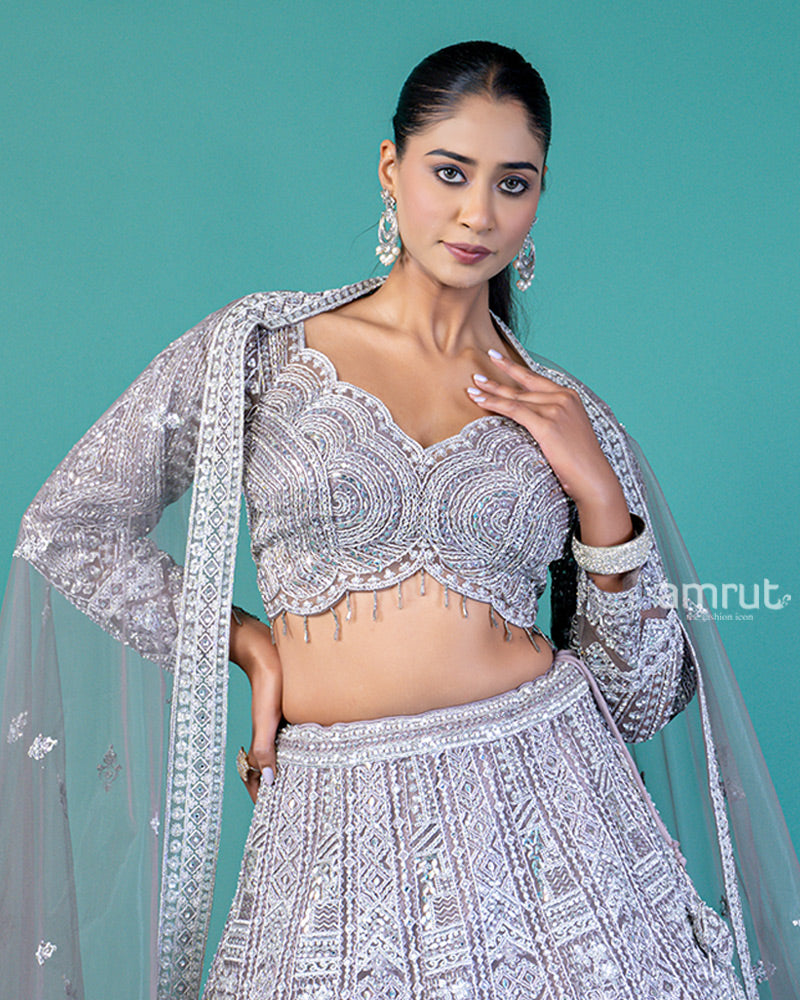 Slate Grey Sequin-Embroidered Lehenga Choli with Net Dupatta