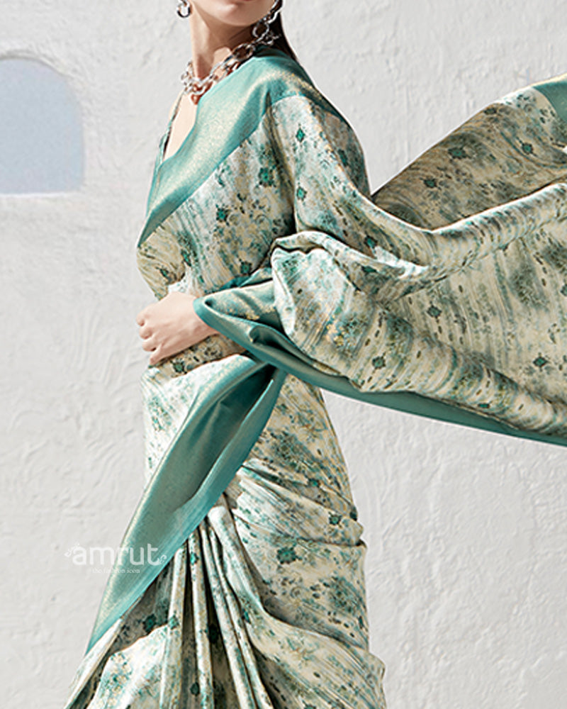 Teal Floral-Print Cream Silk Saree with Unstitched Blouse