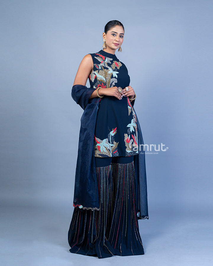 Regal Blue Embroidered Plum Top with Beaded Sharara Pants