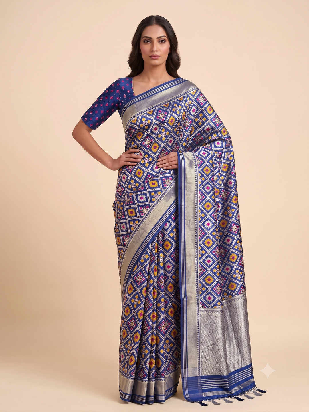 Patola Weaving Silk Saree with Traditional Geometric Ikat Design & Rich Zari Border