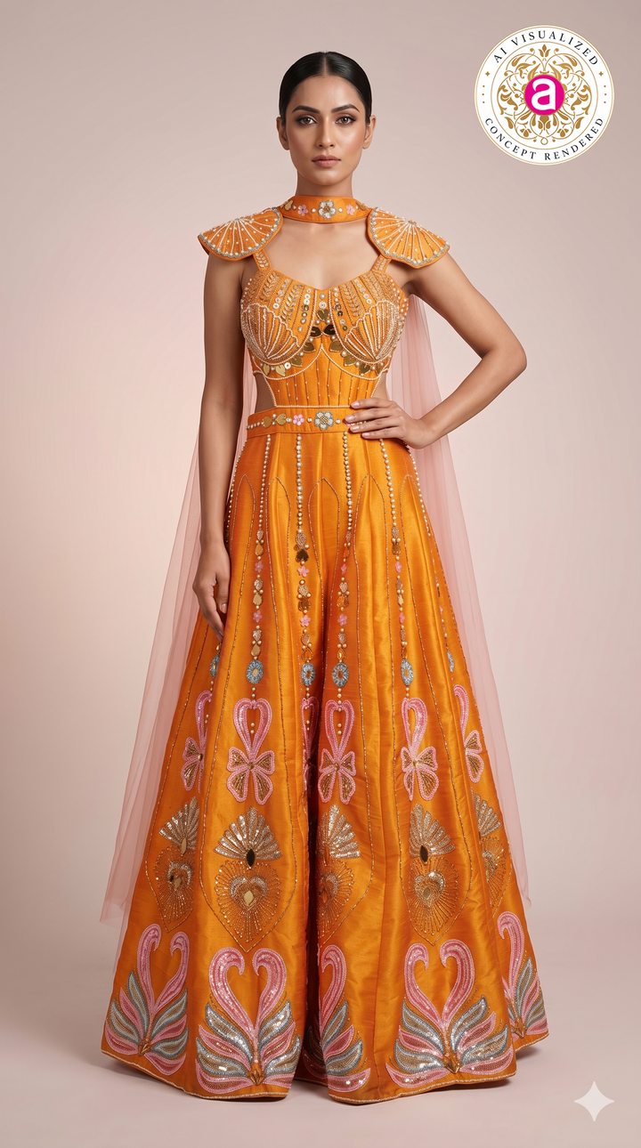 Sunset Orange Embellished Indo-Western Gown with Cape Dupatta