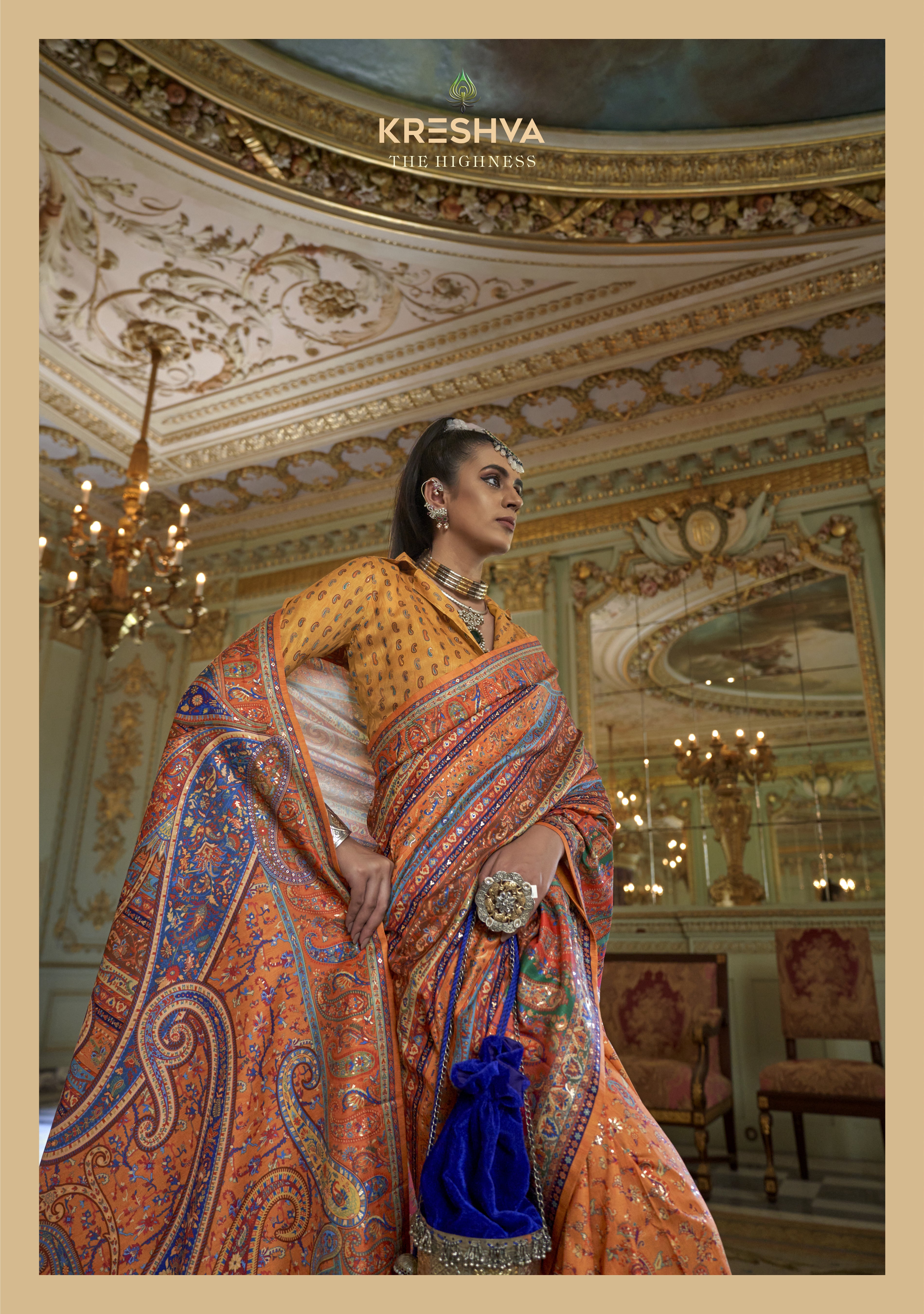 Orange Multicolor Pashmina Inspired Heritage Print Designer Saree