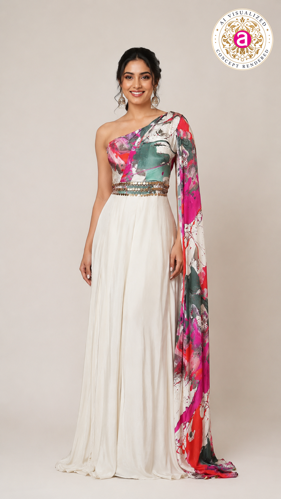 Ivory Printed One-Shoulder Indo-Western Gown