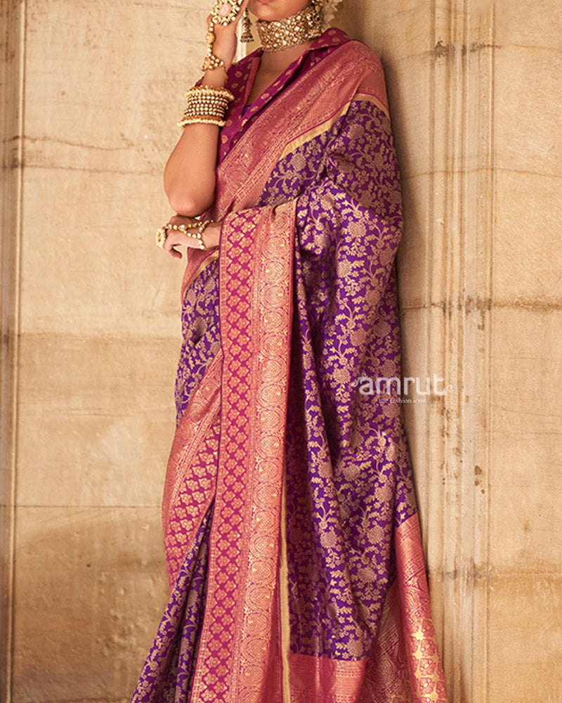 Purple Gold-Toned Ethnic Motifs Design Zari Silk Saree with Unstitched Blouse