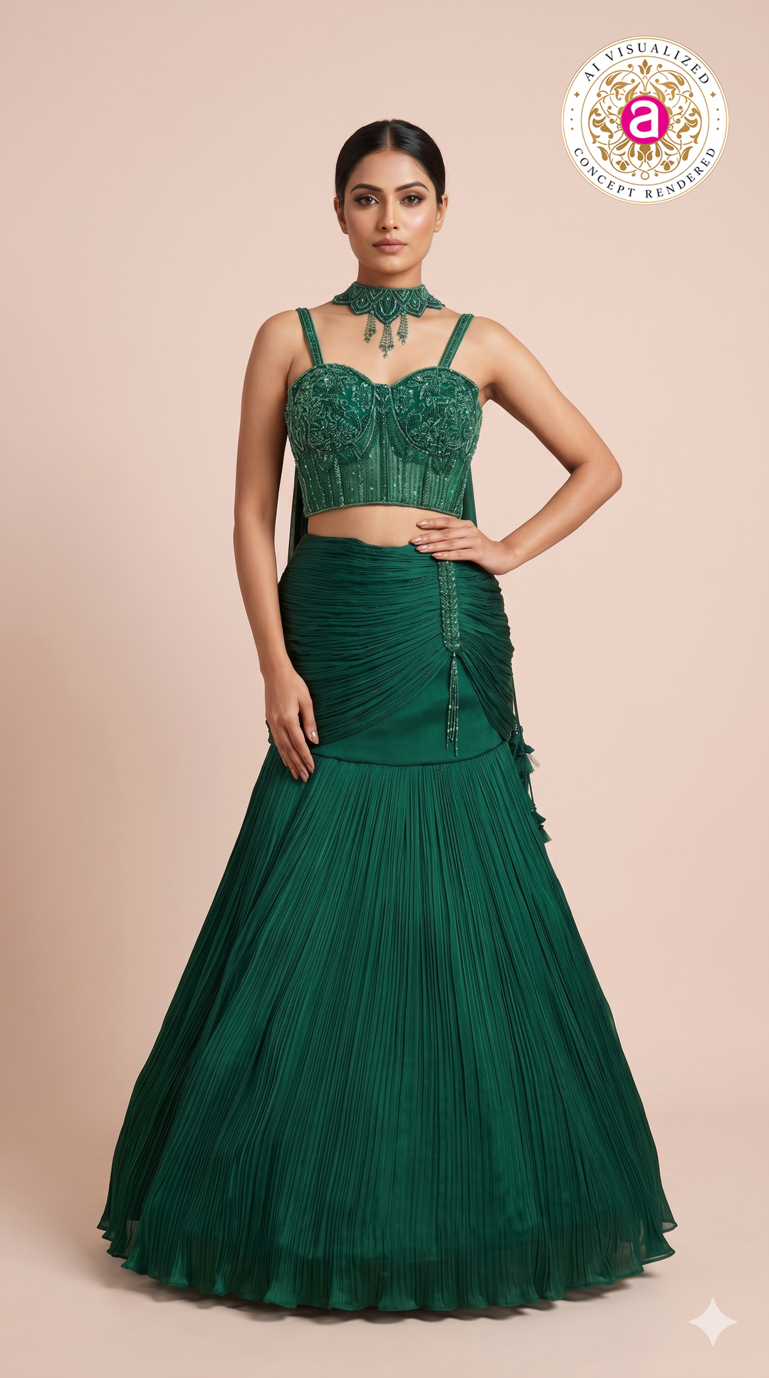 Emerald Green Designer Mermaid Lehenga Set with Embellished Crop Top