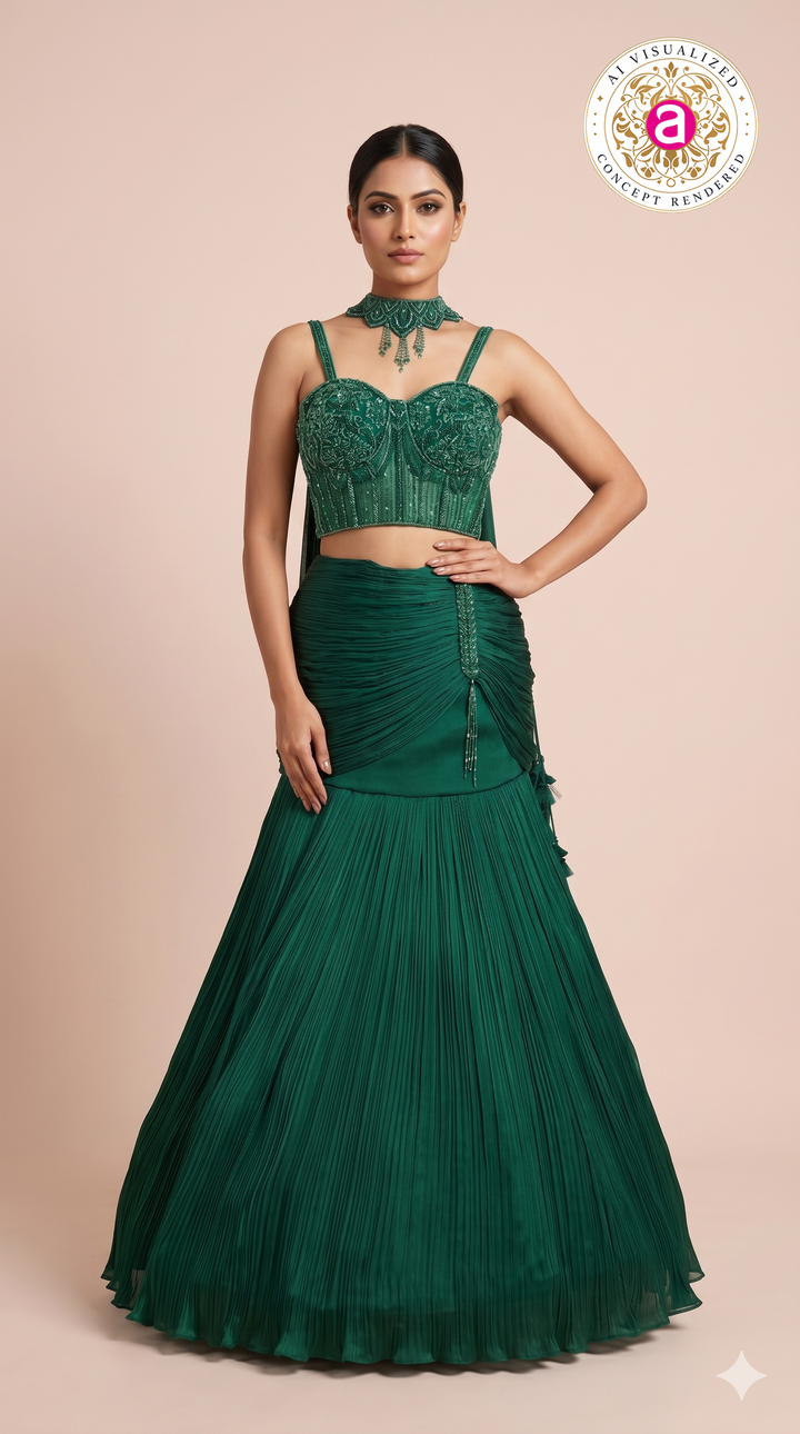 Emerald Green Designer Mermaid Lehenga Set with Embellished Crop Top