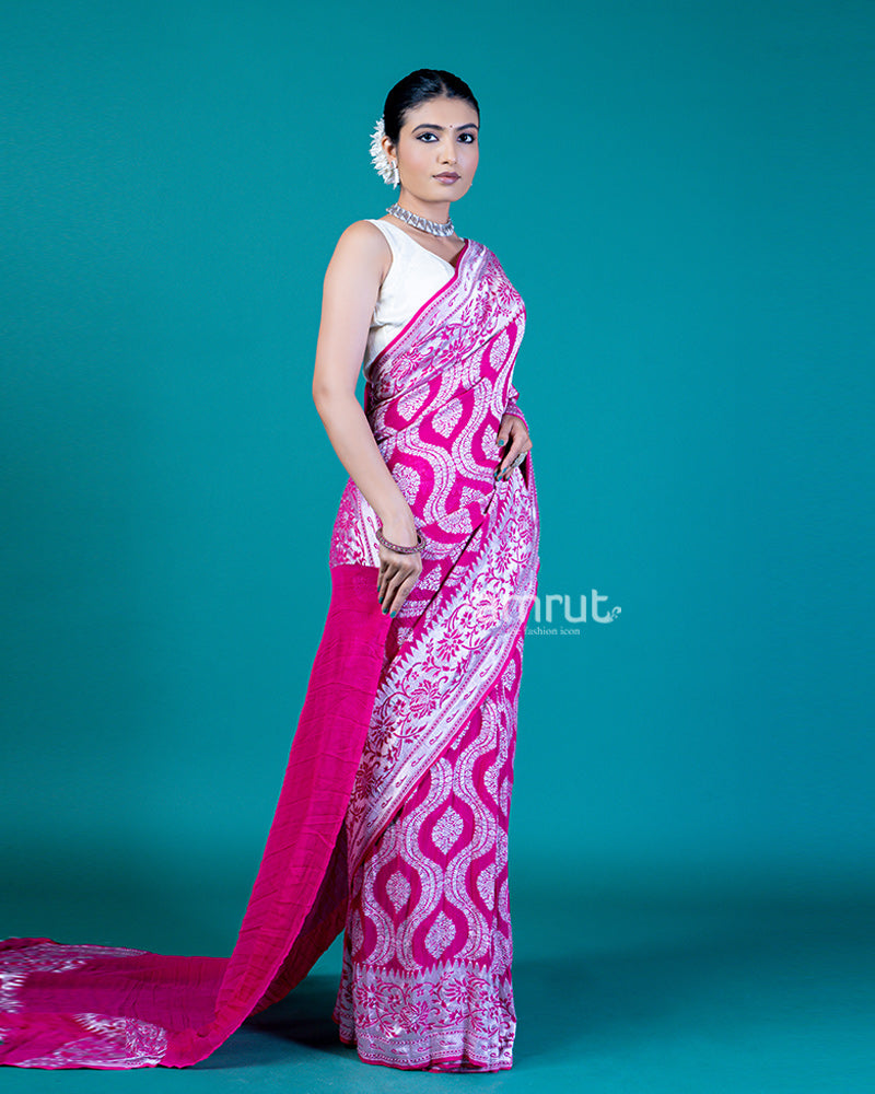 Vibrant Pink Saree with Silver Paisley Design and Unstitched Blouse