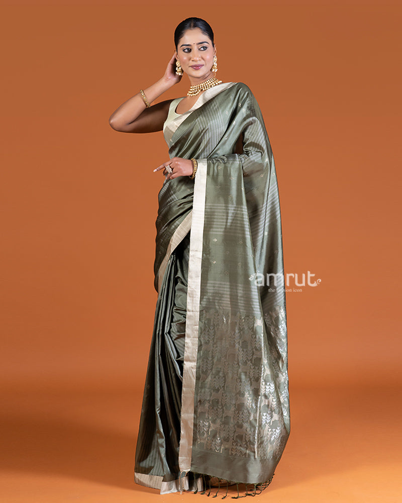 Grayish-Green Stripes and Golden-Silver Brocade Saree with unstitched blouse