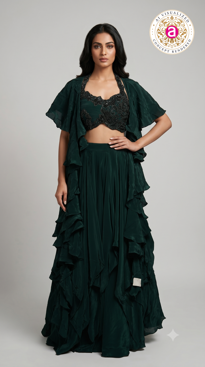 Emerald Green Ruffle Designer Lehenga Set with Embellished Blouse & Cape Jacket