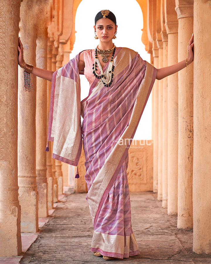 Lavender-Pink Striped Pattern and Golden Border Silk Saree with Unstitched Blouse