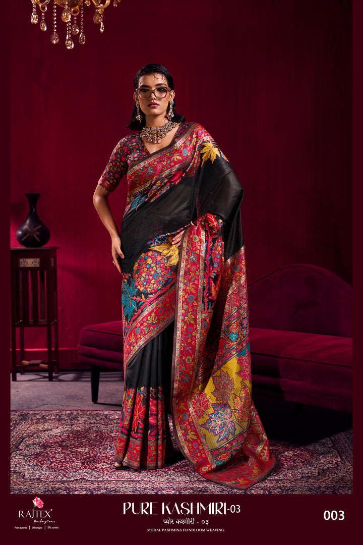 Black Kashmiri Modal Pashmina Saree with Multicolor Floral Weaving
