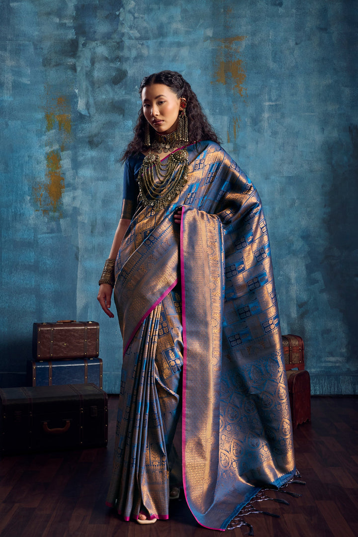 Steel Blue Handloom Silk Saree with Antique Gold Zari Weaving