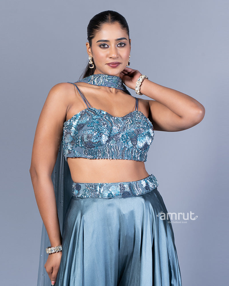 Teal Blue Beaded Crop Top with Wide-Legged Palazzo and Embellished Dupatta