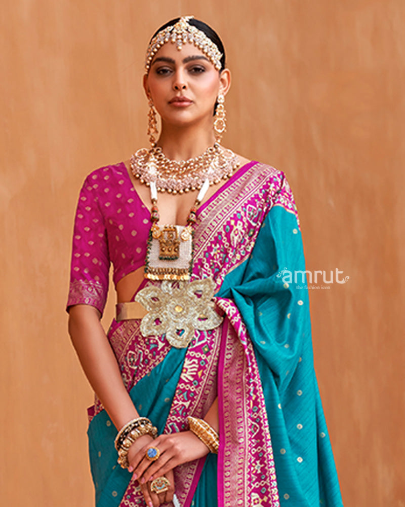 Royal Blue Zari Weaving Pink Border Saree in Patola Silk with Unstitched Blouse