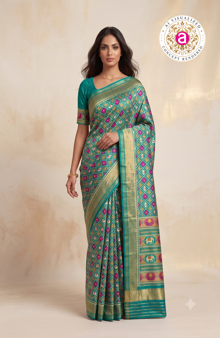 Patola Weaving Silk Saree with Traditional Ikat Diamond Weave & Rich Zari Border