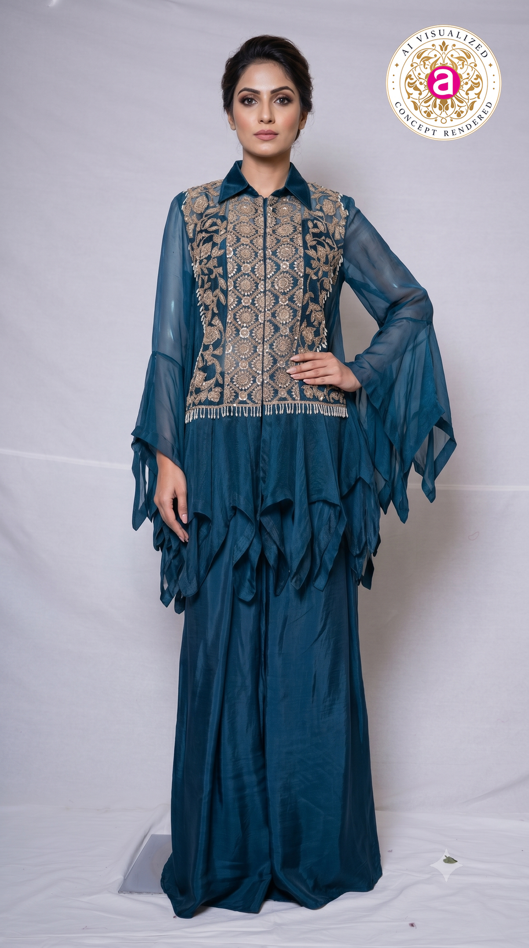 Teal Blue Embroidered Cape Style Designer Co-Ord Set