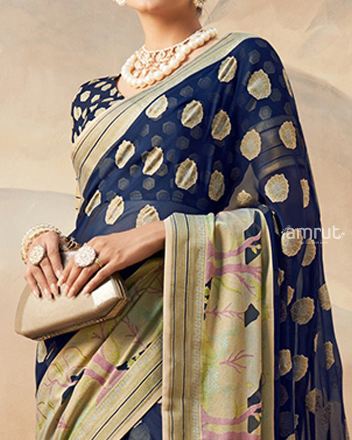 Navy Blue with Golden Polka Dots, Nature-Inspired Print Border Georgette Saree and Unstitched Blouse