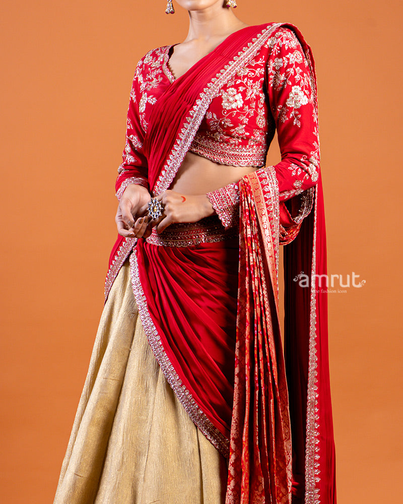 Golden Lehenga with Red Embellished Choli and Draped Dupatta