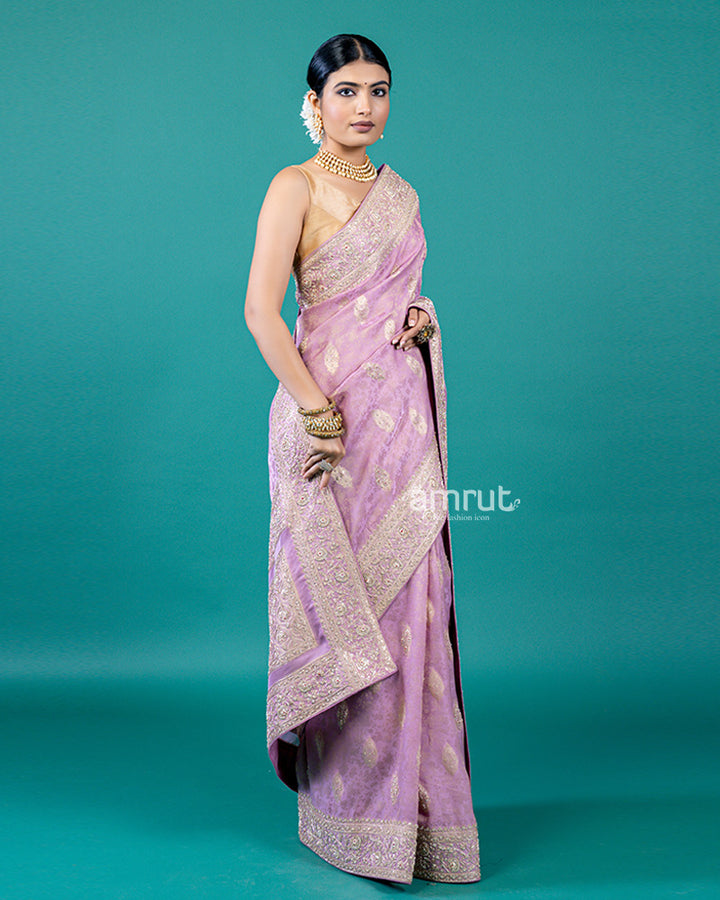 Lavender Zari embellished silk saree with unstitched blouse